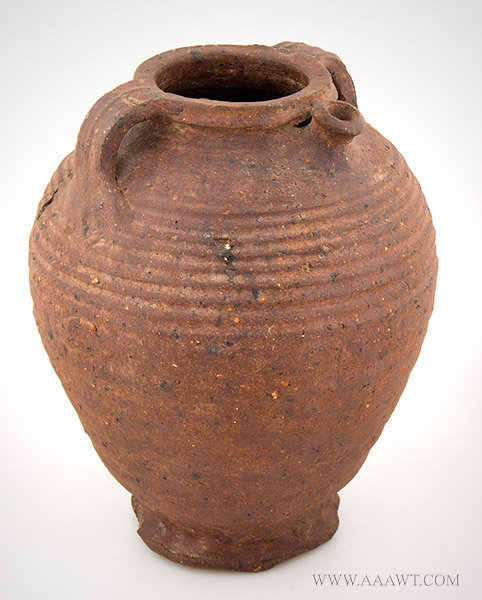 Stoneware, Double Handle Spouted Jug, Tullenkanne, Doppelhenkel, Flasche Irdenware spouted pot, thumbed feet, and body cordons
Steinzeug, Germany, Circa 1400, entire view